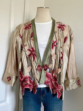 Lee Andersen Bolero Jacket Intricate Silk Beaded  Floral Embroidery Cut-Outs MED